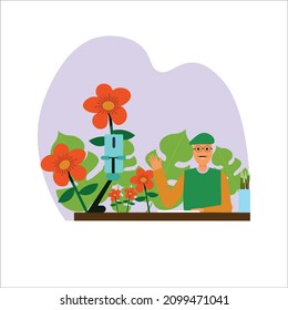 Vector flat illustration of a male painter in glasses doing a live broadcast on online social media, on a floral background.
