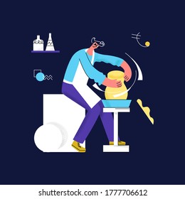 Vector flat illustration with male potter who makes pitcher, vase. Concept of Handicrafts, pottery, handwork, production, craft, handmade. It can be used in web design, banners, advertising, etc