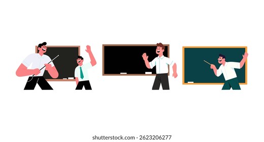 vector flat illustration of a male teacher teaching at a blackboard with a pointer stick