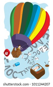 Vector Flat Illustration: The man in the balloon throws the TV