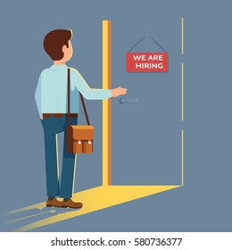 Vector Flat Illustration Of Man In Business Clothes Opens The Door With A Sign We Are Hiring. Concept Search Works