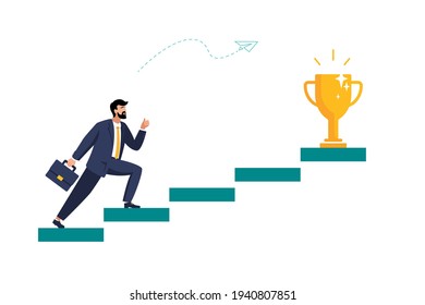 Vector flat illustration, Man businessman running towards his goal, moving up the motivation ladder, path to financial achievement, grand prize, trophy cup. Business plan. People work team. Work time