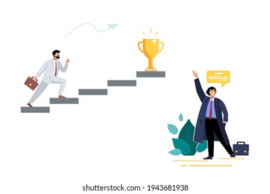 Vector flat illustration, Man businessman running towards his goal, moving up the motivation ladder, path to financial achievement, grand prize, trophy cup. Business plan. People work team. Work time