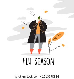 Vector flat illustration of a man in a coat blowing his nose. Flu season