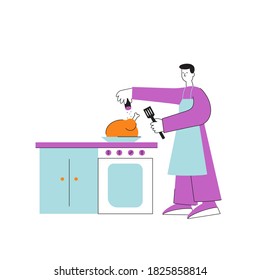 Vector flat illustration of a man cooking at the kitchen.