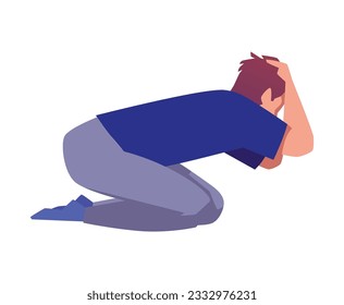 Vector flat illustration of man in despair. The guy is sitting on the floor holding his head isolated on white background. Stress as a result of a large loss from an earthquake or other disasters.