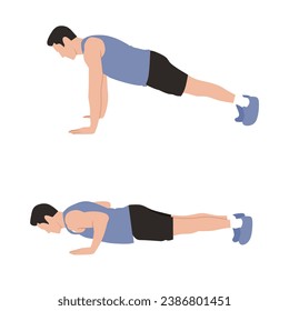 Vector flat illustration of Man doing push up isolated.Tutorial workouts weight training. Collection of bodybuilding and exercise 