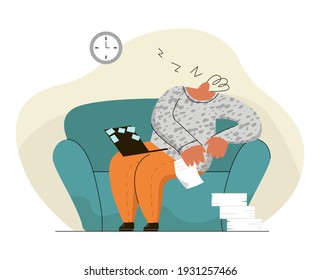 Vector flat illustration with man, employee at remote job, home, who fell asleep from fatigue. Concept of procrastination, laziness, reduced motivation, and work overload.