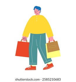 Vector flat illustration of a man enjoying shopping. Man walking with many paper bags.