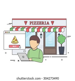 Vector Flat Illustration of Man in Front of Pizzeria Building uses his Laptop to Buy Pizza Online.