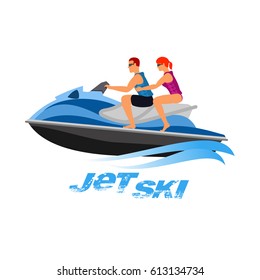 Vector flat illustration man and girl of jet ski. Summer rest. Sea vacation. Web graphics, banners, brochures, business templates. Illustration isolated on white background.