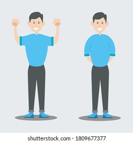 Vector flat illustration man with happy face, rising his hands and put his hand behind the back wearing blue clothes