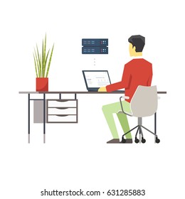 Vector Flat Illustration of a Man at his Workplace Managing Dedicated Server