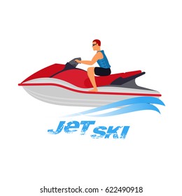Vector flat illustration man of jet ski. Summer rest. Sea vacation. Web graphics, banners, brochures, business templates. Illustration isolated on white background.