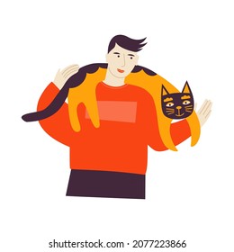 Vector flat illustration with a man keeping a cat. Pet owner on a white background