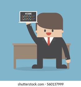 Vector Flat Illustration of a Man With Laptop, programmer.