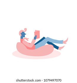 Vector Flat illustration of man lie on the sofa, relax and read books. Vector living room with man. Young man lying on the couch, relaxing and reading a book. Recreation.