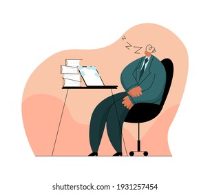 Vector flat illustration with man, office worker, businessman who fell asleep from fatigue at workplace. Concept of business, procrastination, work overload, laziness, reduced motivation.