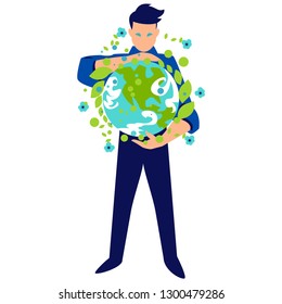 Vector Flat Illustration, Man Prepare for the Day of the Earth, Save the Planet, save Energy, the Hour of the Earth, the Concept of the Earth Day