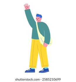 Vector flat illustration of a man raising his hand in greeting.