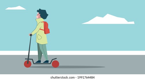 vector flat illustration of man riding on electric scooter or kick scooter