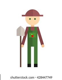 Vector flat illustration of man with shovel on white background. Element for design.