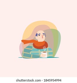 Vector flat illustration, man is sick with the flu and sneezes with temperature, hold in hand cup of hot tea
