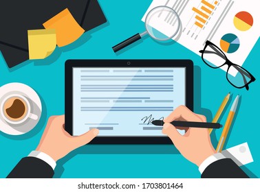 Vector flat illustration of man signing online form on his tablet with documents and working equipment on his table