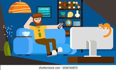 Vector flat illustration of man sitting on sofa and watching tv. Interior. Evening. Cat. Home. Flat design.