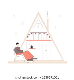 Vector Flat Illustration Of Man Sitting In Front Of The Tiny House.