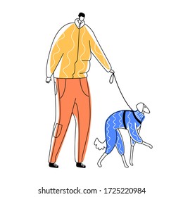 Vector flat illustration man walking dog. Pet is wearing warm, winter clothing. It can be used in banners, posters, web design, etc.