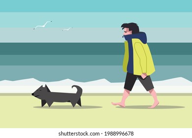 vector flat illustration with man walking with dog on the beach