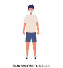Vector flache Abbildung des Menschen mit einer chirurgischen Maske. Der Mann mit dem Hemd aus dem kurzen Ärmel. Die Illustration zum Thema Coronavirus, Grippe und Kälte. Vector Illustration in flachem Stil.