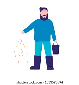Vector flat illustration of a man who feeds birds with grain. Feeding farm animals. Poultry farm.