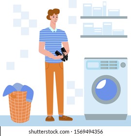 Vector flat illustration with man who is washing things and shoes, sneakers. Separately depicted washing machine, basket with dirty laundry. Concept of hygiene, self service, cleaning.
