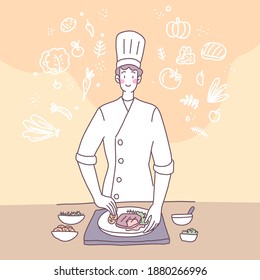 Vector flat illustration with a man who cooks in the kitchen
