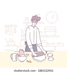 Vector flat illustration with a man who cooks in the kitchen