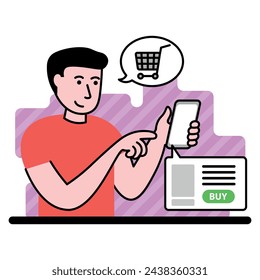 vector flat illustration with a man who shows the convenience of shopping with a smartphone