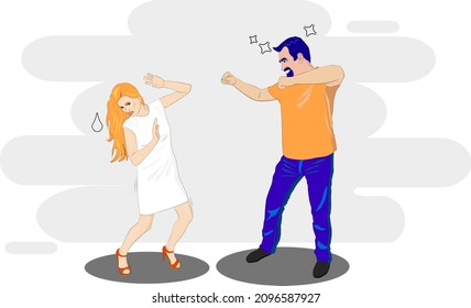 vector. Flat illustration. A man will attack a woman. Family quarrel. Husband and wife fight. Domestic Violence. Redhead woman. Angry man. Conflict. Relationship. abuse. EPS 10