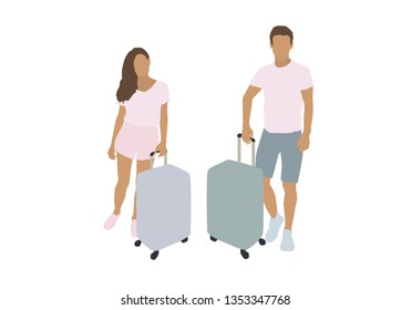 Vector flat illustration. Man and woman with suitcases.