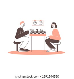 Vector flat illustration of man and woman plaiyng chess.