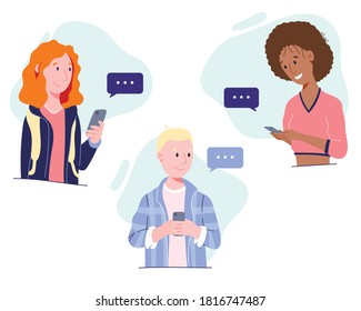 Ilustración plana vectorial. Hombre y mujer con un teléfono y una nube con un mensaje. Nuevo normal.