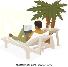 vector flat illustration of a man working remotely lying on a sun longer a palm tree