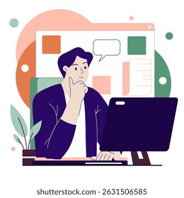 Vector Ilustración plana de un hombre que trabaja en una computadora, pensando con una mano en la barbilla. Diseño moderno con Elementos de interfaz de usuario en segundo plano, ideal para negocios, tecnología o temas de comunicación y presentación
