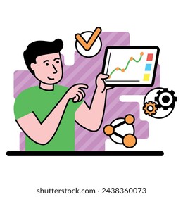 vector flat illustration with a manager who demonstrating a business model