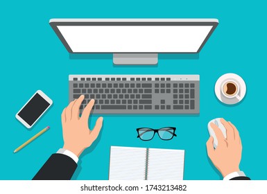 Vector flat illustration of man's hands working on computer with coffee, notebook, glasses and phone on the table - top view workplace