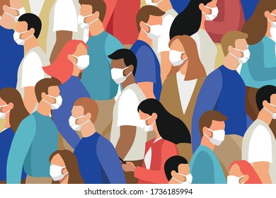 Vector flat illustration of many people in crowd wearing face masks - virus outbreak, pandemic, safety measures