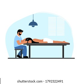 Vector flat illustration of a masseur doing a massage to a girl. Back massage. Moon therapy. Medicine. Back ailments. Moon therapist. Relaxation, spa. Head massage