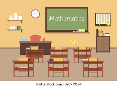 Vector flat illustration of mathematic classroom at the school, university, institute, college. Desks with books rulers, prism, pyramid, table, barrel. Lesson for diploma, teaching and learning