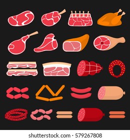 Vector flat illustration of meat products beef steak, lamb chop, pork, chicken and sausages, isolated on black background.